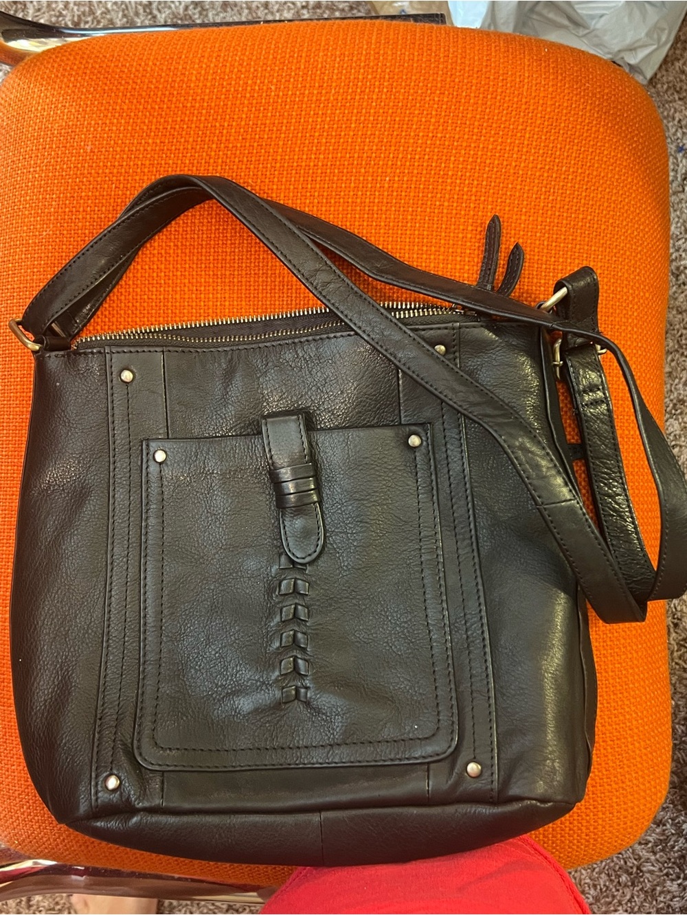 Great American Black Leather Shoulder Bag with Braided Front Detail